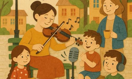 Mujer musicista adulta, rostro redondo y sonriente, cabello castaño recogido en moño, ojos suaves; sostiene un violín pequeño marrón y toca con emoción serena con arco visible, postura abierta. Niña de 8 años (Lila) con dos trenzas largas, vestido rojo con lunares blancos, sostiene una libreta colorida y mira a la musicista con admiración, sentada a la izquierda del banco. Niño de 7 años (Tomás) con zapatos polvorientos, pantalón corto azul y rodilla raspada, aplaude mirando a la musicista, de pie a la derecha junto a un caniche de juguete. Niño nuevo de 9 años (Samuel), pelo corto, lleva grandes auriculares y sostiene un pequeño tambor amarillo; está sentado frente al micrófono, concentrado y tímido pero orgulloso. Maestra junto a la puerta de la escuela, con una taza de té humeante, sonríe y observa la escena. Plaza del barrio: empedrado claro, banco de madera pintado de verde, farol antiguo, árboles con hojas recortadas en papel verde, globos y canicas esparcidos; casas al fondo con ventanas y cortinas coloridas. Escena principal: la musicista graba una canción con los niños alrededor de un micrófono vintage sobre una mesa; se ve una consola de radio con botones redondos, ondas estilizadas saliendo del micrófono y pequeñas notas musicales de papel flotando en el aire. Paleta: tonos cálidos (ocre, teja, mostaza) con acentos verdes y azules; texturas de papel visibles, costuras y collages, sombras simples y formas naïf. Ambiente: alegre, tierno e inclusivo, expresiones amables, composición clara y legible para un niño de 6 años.