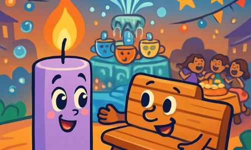 Una piccola candela di colore lilla, con un volto sorridente e uno stoppino dritto, si trova al centro della scena, con gli occhi brillanti di gioia e meraviglia. Accanto a lei, una panchina di legno, con braccioli accoglienti, mostra un sorriso caloroso e incoraggiante, mentre si piega leggermente verso la candela, come per sussurrarle un segreto. Sullo sfondo, una fontana scintillante, circondata da tazze colorate che cantano, crea un'atmosfera festosa, con bolle d'acqua che scoppiano in lampi di luce. La scena si svolge in una piazza animata di Scatolonia, dove decorazioni colorate fluttuano nell'aria, e bambini ridono e ballano attorno a un grande tavolo pieno di dolcetti. La candela, circondata dai suoi nuovi amici, soffia su una candela di compleanno, mentre stelle brillanti appaiono nel cielo, simboleggiando la magia dell'amicizia e delle celebrazioni.