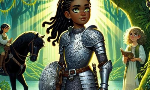 Una giovane cavalleressa, Sirena, si erge orgogliosamente al centro dell'immagine, con i capelli neri intrecciati e occhi brillanti di audacia. Indossa un'armatura scintillante decorata con motivi floreali e tiene una spada con l'impugnatura argentata, il suo viso esprime determinazione e coraggio. Al suo fianco, la sua fedele cavalla Ombra, una giumenta nera dagli occhi dolci, è pronta ad accompagnarla nell'avventura. Sullo sfondo, la scudiera Lira, una ragazza di circa 14 anni, guarda Sirena con ammirazione, tenendo una mappamondo antico e un medaglione scintillante. Ha capelli biondi ricci e indossa una tunica semplice, rimanendo leggermente in disparte, pronta a incoraggiare l'amica. Il paesaggio è una foresta densa e misteriosa, con alberi dai tronchi nodosi e foglie di un verde brillante, mentre raggi di sole filtrano attraverso il fogliame, creando ombre danzanti sul terreno. Sirena si prepara a scegliere il suo cammino, indecisa tra il sentiero oscuro della foresta e il ponte di pietra che attraversa un ruscello tumultuoso, illustrando il momento cruciale in cui deve decidere la direzione da prendere per salvare la principessa Aveline.