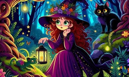 Mirta, una giovane strega di 11 anni con i capelli rossi indomabili e gli occhi verdi scintillanti, si trova al centro della scena, con un sorriso meravigliato sul volto. Indossa un abito di velluto viola decorato con stelle dorate e tiene una piccola lanterna magica che emana una luce dolce e calda. Accanto a lei, Ombra, il suo gatto nero dagli occhi gialli brillanti, è seduto su una roccia, osservando attentamente un piccolo drago verde nascosto dietro una felce. Il luogo è una foresta incantata, con alberi maestosi dai tronchi nodosi e foglie scintillanti, immersi in una luce dorata al crepuscolo. Fiori multicolori e lucciole danzano intorno a loro, creando un'atmosfera magica e fiabesca. La situazione principale mostra Mirta che scopre un piccolo Trillodrago tremante, nascosto tra le felci, mentre si prepara ad aiutarlo con coraggio e benevolenza.