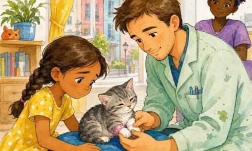 Um veterinário de trinta anos, cabelos castanho-claro curtos, bata verde-clara levemente manchada, rosto suave e sorriso acolhedor, ajoelhado a segurar delicadamente um pequeno gato cinza às riscas; uma menina de cerca de 8 anos, cabelo castanho em trança, vestido amarelo com bolinhas brancas, está à esquerda, preocupada que se torna aliviada, com a mão no travesseiro do gato. O gatinho é pequeno, pelo macio cinza riscado, olhos semicerrados e uma pequena faixa cor-de-rosa na pata onde o veterinário põe um curativo. Cena num salão luminoso de casa colorida — cortinas amarelas, móvel em madeira clara, almofada azul e janela para rua de casas em tons pastel. Situação: o veterinário trata calmamente o gatinho sobre a almofada, a menina observa atenta; atmosfera calorosa, gestos ternos, cores suaves, traço a tinta preta e manchas de aquarela.