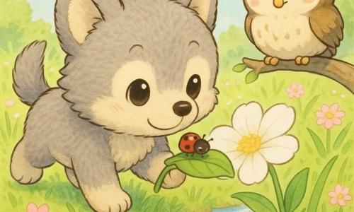 Um pequeno lobo de pelúcia realista, antropomorfo, de pelo cinza suave, expressão alegre, grandes orelhas redondas e olhos brilhantes, caminha lentamente farejando uma grande flor branca junto a um riacho enquanto segura uma folha com uma minúscula joaninha vermelha de pontos pretos curiosa; uma coruja amiga, pequena e arredondada, de penas bege e castanhas, pousa numa baixa árvore à direita e observa sorrindo. Cenário: campo de primavera luminoso com relva alta, flores rosa e brancas, água límpida que cintila e céu azul pastel com nuvens suaves; ambiente doce, cores suaves e texturas felpudas, composição simples e legível para crianças pequenas.