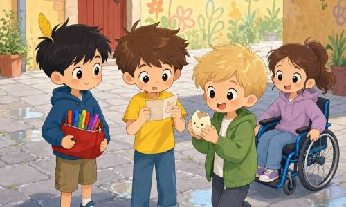 Ci sono quattro bambini: Teo, ragazzo di circa 8 anni, capelli bruni scompigliati, maglietta gialla, tiene al centro un biglietto piegato con il disegno di un coniglio e guarda curioso; Nico, ragazzo ~8 anni, capelli corti neri, a sinistra, porta un astuccio rosso pieno di pennarelli grossi con una piuma gialla sulla testa; Sami, ragazzo ~9 anni, capelli biondi, giacca verde, a destra e leggermente avanti, tiene un uovo sodo sbrecciato che sembra sorridere; Vale, ragazza ~8 anni, capelli castani raccolti, su una sedia a rotelle blu, spinge piano tra le pozzanghere, sorridente e dietro a destra. Luogo: un piccolo cortile lastricato al mattino, pavimento di piastrelle grigie con qualche pozzanghera lucida, muri color ocra con graffiti di fiori e una piccola porta di legno rossa sul fondo, luce chiara e ombre morbide. Situazione: mini-caccia al tesoro di Pasqua con colori vivaci dei pennarelli, una piuma gialla come indizio, l'uovo incrinato sorridente e il biglietto con il coniglio, atmosfera gioiosa e composizione centrata sul gruppo che ride insieme.