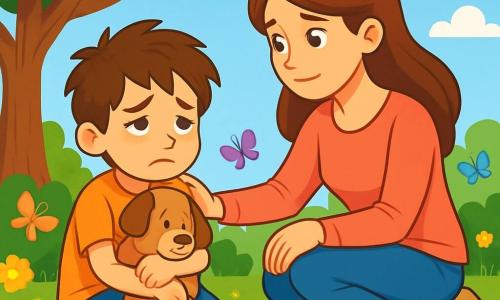 Un ragazzo di 8 anni, con i capelli castani disordinati e gli occhi tristi, è seduto sull'erba verde del giardino, con le spalle leggermente curve, tenendo un peluche a forma di cane contro il suo cuore. Accanto a lui, sua madre, una donna dolce di circa 35 anni, con i capelli lunghi e castani, lo guarda con compassione, accovacciandosi per essere alla sua altezza, con una mano confortante sulla sua spalla. Il giardino è pieno di fiori colorati, con farfalle che volano intorno e un grande albero con foglie dense che offre ombra. Sullo sfondo, una piccola cuccia vuota ricorda la presenza di Leo, il cane amato. La scena principale mostra il ragazzo, perso nei suoi pensieri, che guarda il cielo blu punteggiato di nuvole bianche, ricordando i momenti felici trascorsi con il suo amico a quattro zampe, mentre sua madre gli parla dolcemente, cercando di confortarlo nel suo dolore.