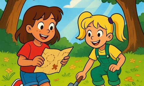 There are two main characters: - An 8-year-old girl with brown hair and freckles, wearing a red t-shirt and denim shorts. She is holding an unfolded treasure map in her hands and looking forward excitedly. She is on the left side of the image. - Another 8-year-old girl with blonde hair tied in two pigtails, wearing green overalls and white sneakers. She is holding a small shovel and smiling at her friend. She is on the right side of the image. The setting is a sunny clearing surrounded by three large oak trees with thick branches. The ground is covered with golden leaves and small wildflowers. In the center of the clearing, there is a small mound of freshly turned earth. The main situation shows the two girls discovering a hidden treasure under the oaks. They are enthusiastically digging, and a small wooden chest is partially visible in the ground. The sky is blue with a few fluffy white clouds, and sun rays filter through the tree branches, creating bright patterns on the ground.