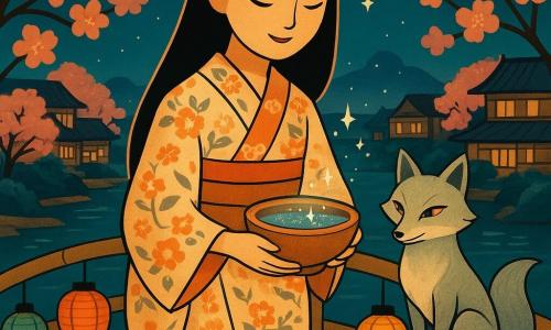 A young Japanese woman, Hana, with a serene and smiling face, holds a terracotta bowl filled with shimmering water. She has long black hair and wears a kimono with delicate floral patterns. A spiritual fox with silver fur and mischievous eyes sits calmly beside her on the bamboo bridge. The bridge is adorned with colorful paper lanterns, gently illuminating the scene. In the background, a traditional Japanese village stretches along the river, with wooden houses and blooming cherry trees. The main scene shows Hana crossing the bridge, bringing light and peace between the two sides of the village under a calming starry sky.