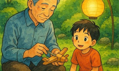 An elderly man with silver hair, Kenji, is sitting in a peaceful garden, delicately and skillfully repairing a wooden toy with a gentle and focused expression. Next to him, an eight-year-old boy, Haru, watches closely, his face lit with curiosity and wonder. The small, serene garden features green moss and carefully arranged stones, bathed in the soft light of a paper lantern named Akari, which emits a warm golden glow. The main scene shows Kenji and Haru collaborating in a moment of repair and sharing, surrounded by an atmosphere of calm and subtle magic.