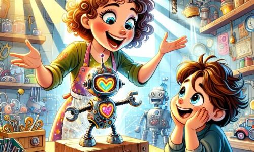 Miss Tinker is a joyful woman with curly hair and a colorful blouse, smiling and full of energy, showing a young boy, Leo, a small robot dancing on her desk. Leo, an approximately 8-year-old boy with messy brown hair and sparkling eyes of curiosity, watches the robot in amazement, his hands on his cheeks. The scene takes place in a magical workshop filled with strange machines and bright colors, with tools hanging from the ceiling and shelves loaded with sparkling gadgets. Sun rays filter through the window, illuminating the screws and springs spread across the table. In this main situation, Miss Tinker explains to Leo how inventions come to life while the little robot joyfully dances, creating an atmosphere of wonder and creativity.