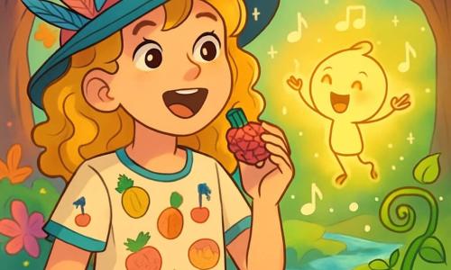A 12-year-old girl with curly golden hair wears a colorful hat adorned with feathers and a fruit-patterned t-shirt. She has a delighted smile and sparkling curious eyes, holding a raspberry-shaped whistle in her hand. Next to her, a small glowing sprite named Twinkle, with thin arms and bright eyes, joyfully floats in the air, waving its little hands as if dancing. The setting is an enchanted forest, with twisted tree trunks and multicolored leaves shimmering under a gentle sun. Strange-shaped flowers and brightly colored mushrooms dot the ground, while a nearby stream babbles cheerfully. The main scene shows the girl and Twinkle singing together, surrounded by small bubbles of light floating around them, as a group of vines wiggles joyfully, as if listening to their music.