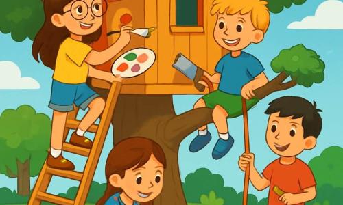 Hay 4 niños: - Sofía: una niña de 9 años, con cabello largo castaño y gafas redondas. Lleva una camiseta amarilla brillante y un short de mezclilla. Está de pie en una escalera de madera, sosteniendo una paleta de pintura, decorando la casa en el árbol. - Lucas: un niño de 10 años, con cabello rubio desordenado y una sonrisa traviesa. Lleva una camiseta azul y un short verde. Está sentado en una rama, sosteniendo una sierra, listo para ayudar a construir la casa. - Marta: una niña de 9 años, con cabello castaño trenzado y un vestido de flores. Está agachada en el suelo, rodeada de dibujos coloridos, eligiendo decoraciones para la casa. - Tomás: un niño de 10 años, con cabello negro y pecas. Lleva una camiseta roja y un short negro. Está de pie junto a Lucas, sosteniendo una cuerda, listo para atarla y escalar. El lugar es un jardín verde, lleno de flores coloridas y árboles majestuosos. En el centro, se alza un gran roble, cuyas ramas se extienden, ofreciendo un refugio perfecto para la casa en el árbol. El cielo es azul con algunas nubes blancas, y el sol brilla, iluminando la escena con una luz cálida. La situación principal muestra a los niños en plena acción, trabajando juntos con entusiasmo para construir su casa en el árbol, riendo y ayudándose mutuamente, creando un momento de camaradería y alegría veraniega.