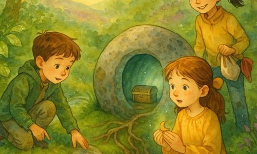 Há três crianças: Leonor (~6 anos), cabelos castanho presos com laço amarelo, rosto suave com sardas, segura uma pequena amuleto dourado em forma de lua; Tiago (~6 anos), cabelos castanhos curtos, veste verde, aponta para uma pedra junto a um ribeiro; Bia (~6 anos), cabelo preto preso, sorri segurando um saco de tecido. Elas estão num bosque de colinas verdes após a chuva, com folhas brilhantes, musgo e um ribeiro de pedras redondas; há uma grande pedra arredondada com um buraco. As três acabam de encaixar a amuleto numa fenda da pedra, que se abre revelando um corredor luminoso azul-esverdeado e um pequeno baú de madeira; clima de fim de tarde com luz dourada e expressões de surpresa e alegria.