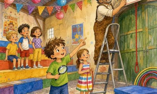 Un niño de 6 años, alegre y concentrado, pelo castaño despeinado, ojos grandes, ropa colorida (camiseta verde, pantalón corto azul), sostiene una lupa en la mano derecha y señala un cartel en lo alto de una lámpara; una niña, Clara, hermana mayor de unos 9 años, sonriente, con coleta y vestido de rayas, sostiene un trozo corto de cuerda roja y se sitúa ligeramente detrás; un hombre adulto, el señor Pablo, unos 45 años, con barba canosa, gorra y peto marrón, está en una pequeña escalera metálica recogiendo el cartel atascado bajo la lámpara; alrededor, tres niños juguetones (dos niños y una niña de 6–8 años) miran con las manos en la boca desde unas gradas coloridas a la izquierda; lugar: interior de un pequeño estadio cubierto, suelo de losas, gradas de madera pintadas, globos y banderines multicolores, colchonetas azules y aros apilados junto a una puerta con una cuerda roja colgante; situación principal: momento de descubrimiento — el cartel «Zona de saltos» colgado en la lámpara sobre la puerta, el niño apunta con la lupa, Clara muestra la cuerda roja encontrada, el señor Pablo baja el cartel, ambiente luminoso suave, trazos de tinta vivos y manchas de acuarela brillantes.