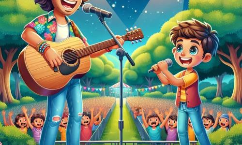 Un cantante, Leo, è sul palco, radioso di gioia e fiducia, con capelli castani ondulati e una grande chitarra in legno in mano. Indossa una camicia colorata e un jeans, e il suo sorriso splendente illumina il suo volto. Accanto a lui, un ragazzo di dieci anni, Marco, con capelli ricci e occhi scintillanti di eccitazione, canta con entusiasmo, tenendo un microfono e un grande sorriso. Si trovano su un palco all'aperto, circondati da un pubblico entusiasta che applaude e balla, sotto un cielo blu punteggiato di nuvole bianche. Il luogo è un parco verdeggiante, pieno di alberi maestosi e fiori colorati, con festoni luminosi appesi tra i rami, creando un'atmosfera festosa. La scena è decorata con palloncini e striscioni, aggiungendo un tocco di magia all'evento. Leo e Marco cantano insieme una canzone gioiosa sull'amicizia e la musica, catturando il pubblico con la loro energia contagiosa e la passione per la musica.