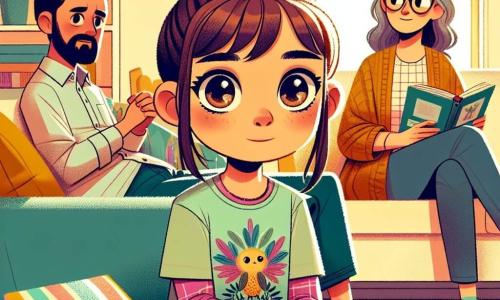 Una chica de 12 años, Lucía, con largos cabellos castaños y ojos brillantes, está sentada en un sofá cómodo, luciendo decidida y algo nerviosa. Lleva una camiseta colorida y jeans, sosteniendo un libro abierto en sus piernas, con las cejas ligeramente fruncidas mientras se prepara para hablar con sus padres. A su lado, su madre, de unos 35 años, con el cabello castaño recogido en un moño, lleva un suéter suave y pantalones de yoga, luciendo atenta y curiosa, mirando a su hija con una sonrisa alentadora. Al otro lado, su padre, de unos 37 años, con barba bien recortada y gafas, está sentado en una silla, con los brazos cruzados, mostrando una expresión de sorpresa e interés, listo para escuchar. La escena tiene lugar en una sala acogedora, con paredes pintadas de amarillo pastel, cojines coloridos en el sofá y libros esparcidos sobre una mesa de madera. Una luz suave entra por una ventana, creando una atmósfera cálida e íntima. Lucía, con valentía, propone a sus padres hablar tranquilamente sobre sus sentimientos, sosteniendo el libro que contiene lecciones sobre comunicación, lista para ayudarles a resolver sus conflictos familiares.