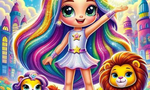 Lila Glitzerglanz ist eine Superheldin mit langen, glänzenden, regenbogenfarbigen Haaren, einem strahlenden Lächeln und funkelnden, entschlossenen Augen. Sie steht stolz im Mittelpunkt der Szene und hebt eine mit magischen Glitzer verzierten Hand, die in der Luft funkelt. Neben ihr steht Leo, ein mutiger Löwe, der auf seinen Hinterbeinen steht und kraftvoll brüllt. Er hat eine leuchtend goldene Mähne und lebhafte Augen, die seinen Mut zeigen. In der Nähe fliegt Mia, ein hübscher Schmetterling mit bunten Flügeln, um Lila und verleiht der Szene einen Hauch von Magie. Die Kulisse ist eine bunte Stadt mit lebhaften Gebäuden, strahlenden Blumen und einem hellblauen Himmel, der mit flauschigen weißen Wolken übersät ist. Die Hauptsituation zeigt Lila und ihre Freunde vereint im Kampf gegen Grummel, einen kleinen, grimmigen Mann, der versucht, den Glitzer der Stadt zu stehlen. Lila, voller Mut, ist bereit, ihre Kräfte zum Schutz der Stadt einzusetzen, während Leo und Mia bereit sind, ihr zu helfen.