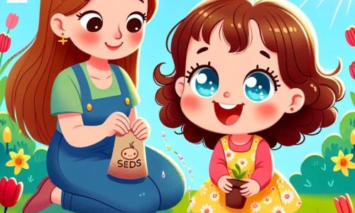 A 4-year-old girl named Lily, with sparkling blue eyes and curly brown hair, is planting seeds in the garden. She wears a pretty yellow floral dress and has a big smile on her face, showing her joy and excitement. Next to her, her mother, a woman in her thirties with long brown hair, is crouching down, holding a packet of seeds. She looks at Lily with affection and shows her how to water the seeds. The garden is filled with colorful flowers: red tulips, yellow daffodils, and pink roses, under a bright blue sky. The sun is shining, and a gentle breeze makes the flowers dance. Lily and her mother are planting seeds to grow beautiful flowers, celebrating the arrival of spring with enthusiasm and love.