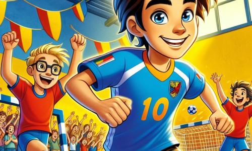 Un ragazzo di 12 anni, Lorenzo, con capelli castani in disordine e un sorriso radioso, sta segnando un gol durante una partita di pallamano. Indossa una maglietta blu brillante con il numero 10, pantaloni corti neri e scarpe bianche. I suoi occhi brillano di eccitazione e determinazione. Accanto a lui, il suo amico Marco, anch'esso di 12 anni, ha i capelli biondi e occhiali. Salta di gioia, con le braccia alzate, celebrando il gol di Lorenzo. Marco indossa una maglietta rossa e pantaloni corti blu, e si trova leggermente indietro rispetto a Lorenzo. La partita si svolge in un palazzetto luminoso, con muri gialli e linee bianche sul pavimento in legno. Spettatori entusiasti sono seduti sugli spalti, sventolando bandiere colorate e applaudendo. La scena principale mostra Lorenzo in azione, pronto a tirare la palla verso la porta, mentre i suoi compagni e avversari si muovono rapidamente attorno a lui, creando un'atmosfera dinamica e piena di energia.