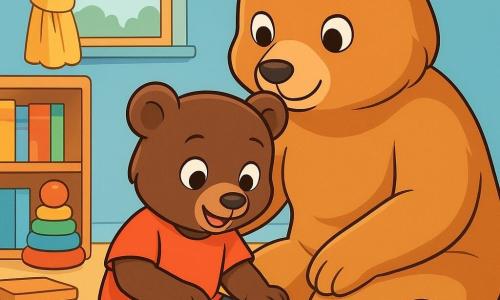 Milo, un piccolo orso bruno con un pelo morbido e occhi pieni di curiosità, è seduto su un tappeto soffice, con un sorriso meravigliato sul volto, mentre tocca lo schermo luminoso del suo tablet. Accanto a lui, la sua mamma, un'orsa grande con un pelo dorato e occhi benevoli, osserva con uno sguardo tenero e protettivo, pronta ad aiutarlo. La scena si svolge in una camera accogliente, piena di giocattoli colorati, libri impilati e una finestra che lascia entrare la luce del sole, illuminando le pareti dipinte di blu pastello. Milo è affascinato dalle immagini che danzano sullo schermo, mentre la mamma gli spiega l'importanza di fare pause e giocare all'aperto. Questa illustrazione mostra il momento in cui Milo scopre il mondo digitale, circondato dall'amore e dal sostegno della mamma, illustrando il tema dell'equilibrio tra schermi e vita reale.