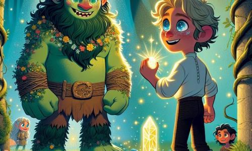 Um grande troll chamado Grun, com pele verde e olhos brilhantes como esmeraldas, está no centro da cena, exibindo uma expressão de orgulho e determinação. Ele tem cabelos bagunçados, salpicados de folhas e flores, e usa um cinto feito de cipós. Ao seu lado, um garoto de 9 anos chamado Leo, com cabelos dourados e olhos azuis cintilantes, observa o Coração de Luminária com admiração, segurando o cristal luminoso nas mãos. Leo veste uma túnica simples e calças de lona, e se posiciona ligeiramente à frente de Grun, pronto para defender seu tesouro. A cena ocorre em uma antiga ruína no coração da floresta encantada de Luminária, onde pedras cobertas de musgo e flores brilhantes formam um círculo ao redor de um pedestal. Raios de sol filtram através das folhas das árvores, criando um jogo de luz mágica no chão. A situação principal mostra Grun e Leo enfrentando um espírito sombrio ameaçador, que surge das sombras, enquanto a luz do Coração de Luminária ilumina a cena, simbolizando esperança e bravura.