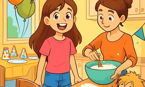 Uma menina de 12 anos, Clara, com longos cabelos castanhos e olhos brilhantes de curiosidade, está no centro da cozinha. Ela usa uma camiseta rosa vibrante e um short de jeans, com um grande sorriso no rosto, demonstrando sua empolgação pelo aniversário. Ao lado dela, sua mãe, uma mulher de cerca de 35 anos, com cabelos castanhos presos em um coque, mistura uma grande tigela de massa de bolo, cercada de farinha e decorações coloridas. Seu irmão, Léo, um garotinho de 6 anos com cabelos loiros bagunçados, está sentado no chão, com as mãos cheias de confetes, tentando colar uma guirlanda na parede. A cozinha é iluminada e acolhedora, com paredes amarelas e janelas que deixam entrar a luz do sol. Balões coloridos flutuam no teto, e uma mesa está posta com pratos e copos decorados para a festa. A cena principal mostra Clara, cheia de energia, pronta para ajudar sua mãe enquanto está ansiosa para descobrir as surpresas de seu aniversário.