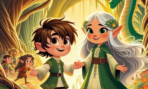 A 5-year-old boy with messy brown hair and sparkling curious eyes stands at the center of the scene, a big smile lighting up his face. He wears a colorful striped shirt and denim shorts, holding a small treasure map in his hands, ready to explore the Enchanted Forest. Beside him is an elf named Elara, about 100 years old (but looking like a young girl), with long silver hair floating like strands of light. She wears a green dress adorned with shimmering flowers and warmly smiles, guiding the boy with an outstretched hand towards adventure. In the background, a majestic dragon, Draconis, with emerald and golden scales, stands proudly, his wise and kind eyes watching over the duo protectively, his large silhouette adding a touch of magic to the scene. The setting is an enchanted forest filled with giant twisted trees and shimmering leaves, bathed in golden light filtering through the foliage. Colorful flowers and fairy creatures dance around them, creating a dreamlike atmosphere. The main scene shows Oliver and Elara, hand in hand, ready to venture deeper into the forest, while Draconis watches them proudly, symbolizing the union of friendship and magic in this quest for adventure.