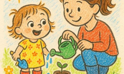 Una bambina di 2 anni, gioiosa e meravigliata, sorride con grandi occhi rotondi e guance rosate; indossa un vestitino giallo a fiori, stivali di gomma rossi e tiene una piccola paletta blu. Accanto a lei, una donna (madre) di circa 30 anni, dolce e sorridente, capelli castani raccolti, inginocchiata versa acqua con un piccolo annaffiatoio verde e la guarda con tenerezza. Davanti alla bambina un vasetto di terra scura con un piccolo germoglio verde che spunta. Attorno prato verde, fiori bassi multicolori e una piccola pozza dove la bambina schizza. Cielo azzurrino con un sole arancione tenue e poche foglie che si muovono. Stile: tratti di matita spessi, colori vivaci, texture di carta, contorni leggermente irregolari, atmosfera dolce e semplice.