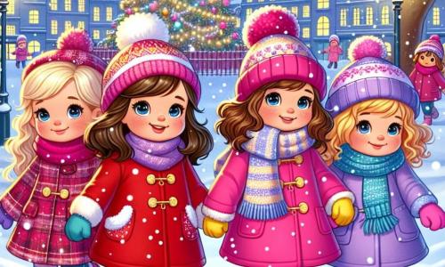 In a snowy park, four five-year-old girls hold hands. Mia, a brunette with sparkling big eyes, wears a bright red coat and a wool hat. To her right, Lily, a little blonde with braids, is dressed in a pink coat and a striped scarf. On the left, Emma, a girl with curly brown hair, wears a blue coat and yellow gloves. Finally, Zoe, a little redhead with freckles, is in a purple coat and a pom-pom hat. The park is filled with gently falling snowflakes, and a large illuminated Christmas tree stands in the background, decorated with sparkling garlands and colorful baubles. The main scene shows the four friends who have just helped a little boy stuck in the snow, with radiant smiles on their faces, symbolizing the spirit of Christmas and friendship.