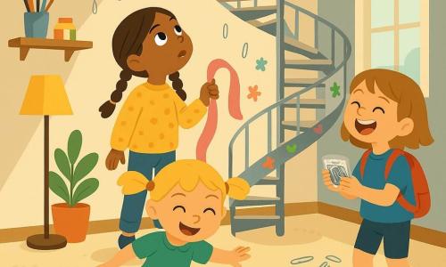 Three girls play in a cozy living room transformed into a surreal scene: Mina, about 8, brown braided hair, yellow polka-dot sweater and jeans, center-left holding a wide bubblegum-pink ribbon and looking up the spiraling staircase; Jo, about 7, short light-brown hair, red backpack and blue T-shirt, right, laughing and holding a small pack of silver paperclips; Lottie, about 6, blonde braids, mismatched shoes, green dress, foreground, jumping on a hopscotch square made of shiny paperclips; the central spiral staircase is built from giant silver paperclips with the pink ribbon as its base, paperclips rain from a small mustached cloud above, cream rug, floor lamp, potted plant, art-supply shelves, soft window light, colorful stickers on the steps; whimsical joyful atmosphere, bright colors, high contrast, simple shapes and clear lines.
