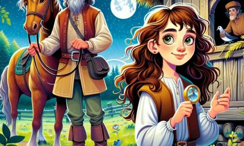 A 12-year-old girl named Elin stands at the center of the scene, with wavy brown hair falling on her shoulders, her eyes sparkling with curiosity and a slight smile on her face, showing both boldness and determination. She wears a simple tunic and canvas pants, with worn boots, and holds a small mirror in one hand, ready to listen to the world around her. Beside her is a postilion named Tomas, a man of about 30, mounted on a brown horse. He wears a feathered hat and a leather jacket, observing the scene with a wise look, ready to guide Elin. He stands slightly back, like a mentor, holding the reins of his horse. The backdrop features an old wooden dovecote with a worn straw roof and a gaping hole letting moonlight in. Verdant fields stretch in the background, and the sky is dotted with twinkling stars, creating a magical and mysterious atmosphere. The main situation shows Elin and Tomas listening attentively to a soft whistling coming from the surrounding bushes, a sound mimicking that of a bird. Elin, with a focused expression, prepares to face the unknown, while the postilion remains alert, ready to intervene if necessary.