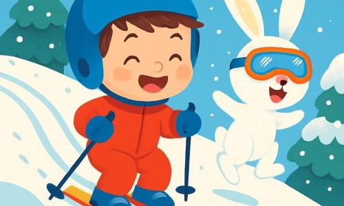 A 2-year-old boy with messy brown hair and a big joyful smile is sliding down a snowy slope on colorful skis. He is wearing a bright red suit and a blue helmet, with rosy cheeks from happiness. Next to him is an adorable magical rabbit named Benny, with sparkling fur and ski goggles, jumping enthusiastically with his large ears flapping in the wind. The scene takes place on a snowy hill surrounded by trees covered in sparkling snow, under a clear blue sky with gently falling snowflakes. The boy and Benny are racing down the slope together, laughing and having fun, while ski tracks wind behind them in the pristine snow.