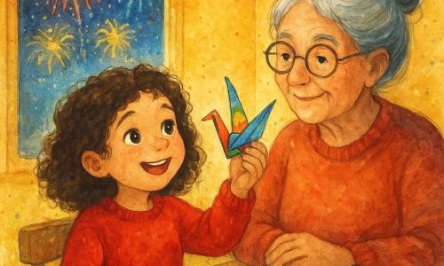 Una niña de 6 años, Lucía, con cabello castaño rizado y ojos brillantes, sonríe con asombro. Lleva un suéter rojo y sostiene una grulla de papel colorida en su mano. A su lado, su abuela, una mujer de unos 70 años con cabello gris en moño y gafas redondas, la observa con ternura. Están en la mesa de la cocina. La cocina es acogedora, con paredes amarillas y una mesa de madera con un bol de fideos largos y un bol de uvas. Por la ventana, se ven fuegos artificiales iluminando el cielo nocturno. La escena principal muestra a Lucía y su abuela preparando juntas la fiesta de Año Nuevo, rodeadas de decoraciones festivas y una luz suave.