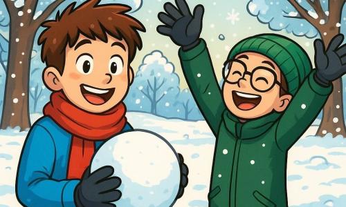 Ein 12-jähriger Junge mit zerzausten braunen Haaren und von der Kälte geröteten Wangen lächelt fröhlich, während er eine große Schneeball in seinen Händen hält. Er trägt einen leuchtend blauen Mantel, einen roten Schal und schwarze Handschuhe, und seine Augen funkeln vor Aufregung. Neben ihm lacht sein Freund Max, ebenfalls 12 Jahre alt, mit einer Brille und einer grünen Mütze, während er die Arme hebt, um einen fallenden Schneeflocken zu fangen. Sie befinden sich in einem verschneiten Park, umgeben von großen Bäumen mit schneebedeckten Ästen, und der Boden ist mit einer dicken Schicht glitzernden Schnees bedeckt, der in der Wintersonne strahlt. Die Hauptsituation zeigt die beiden Freunde, die einen Schneemann bauen, mit strahlenden Lächeln und fröhlichem Lachen, während Schneeflocken um sie herumtanzen.