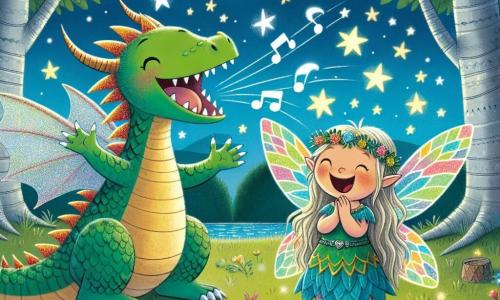 Um pequeno dragão chamado Drilo, com escamas verdes brilhantes e asas cintilantes, canta alegremente à beira do Lago das Estrelas, seu rosto radiante de felicidade e excitação. Ao seu lado, uma jovem fada chamada Luma, com longos cabelos dourados e asas coloridas como um arco-íris, aplaude com um grande sorriso, seus olhos brilhando de admiração. O Lago das Estrelas é um lugar mágico, cercado por árvores de troncos prateados e flores luminosas que brilham na noite, enquanto estrelas cintilantes caem suavemente do céu, criando uma atmosfera encantadora. Nesta cena, Drilo canta para atrair as estrelas, enquanto Luma o incentiva, transformando um momento de medo em uma celebração alegre da amizade e da magia.