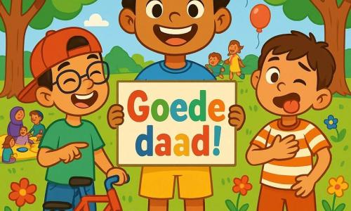 Er zijn 3 personages: - Samir: een jongen van 10 jaar, met krullend haar en een grote glimlach. Hij draagt een blauwe t-shirt en een gele short. Hij staat in het midden en houdt een groot bord vast met 