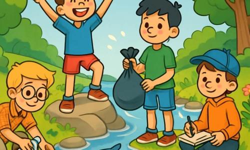 Er zijn 4 kinderen: Daan: een 10-jarig jongen met rommelig bruin haar en een grote glimlach. Hij draagt een blauwe t-shirt en een rode short, en staat op een klein rotsje aan de rand van de rivier, met zijn armen omhoog in een overwinning gebaar. Sam: een 10-jarig jongen met ronde brillen en blond haar. Hij draagt een geruite shirt en beige broek, en zit op de grond een plastic fles uit het gras te rapen. Mika: een 10-jarig jongen met zwart haar en sproeten. Hij draagt een groene t-shirt en een spijkerbroek, en staat naast Daan met een vuilniszak vol afval. Joris: een 10-jarig jongen met kastanjebruin haar en een pet. Hij draagt een oranje sweatshirt en zwarte broek, en zit in het gras te tekenen van vissen in een notitieboek. De hoofdlocatie is een zonnige rivier, omringd door groene bomen met glanzende bladeren. Het water is helder en glinsterend, met gladde stenen die uit de oppervlakte steken. Kleurrijke bloemen groeien langs de oever, en een groep vogels vliegt in de blauwe lucht. De situatie laat de kinderen zien die de rivier schoonmaken. Ze verzamelen afval in vuilniszakken, lachend en vrolijk samen, terwijl vissen blij in het water springen.
