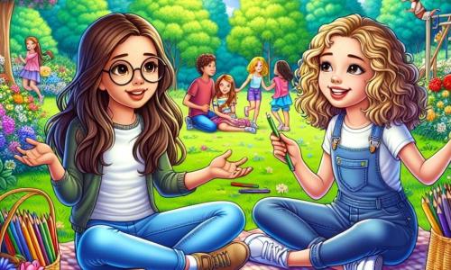 No centro da imagem, Ana, uma menina de doze anos com longos cabelos castanhos e óculos redondos, está sentada em uma toalha de piquenique, com um caderno de desenho aberto em seu colo. À sua direita, Clara, uma menina de doze anos com cabelos loiros e cacheados, sorri alegremente enquanto segura lápis de cor nas mãos. As duas amigas estão cercadas por desenhos coloridos de flores e animais ao seu redor. O local é um parque verdejante, com grandes árvores de folhas brilhantes, flores multicoloridas dançando ao vento e um céu azul com nuvens brancas. Ao fundo, crianças brincam em um balanço e casais passeiam de mãos dadas, criando uma atmosfera alegre e pacífica. A cena principal mostra Ana e Clara conversando seriamente, com expressões concentradas, enquanto compartilham seus sentimentos sobre as brigas de seus pais, ilustrando sua amizade e determinação em encontrar soluções juntas, simbolizando a importância da comunicação e do apoio mútuo.