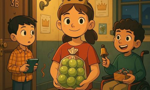 Hay tres niños: Vega, niña de ~10 años, pelo castaño en coleta, diadema de cartón con pequeñas estrellas brillantes, en el centro sonriendo y sosteniendo una bolsa grande con doce uvas verdes; Tomás, niño de ~9 años, pelo negro corto, camisa de cuadros, a la izquierda de Vega mirando la puerta 3B y consultando un cuaderno azul; Nuno, niño de ~11 años, pelo rizado, en silla de ruedas roja a la derecha y un poco adelantado, con una caja de serpentinas y una campanilla metálica. Escena en el rellano del tercer piso de un edificio antiguo: paredes amarillentas con carteles y guirnaldas de papel, puerta 3B entreabierta, suelo de baldosa, luz cálida de farol y ventana que muestra un cielo azul noche con estrellas; confeti y serpentinas en el suelo. Los niños se preparan para la noche de Año Nuevo en un ambiente festivo: Vega alza la bolsa de uvas, Tomás revisa instrucciones y Nuno está listo para lanzar las serpentinas; colores vivos y detalles de texturas, composición centrada bajo una guirnalda luminosa.