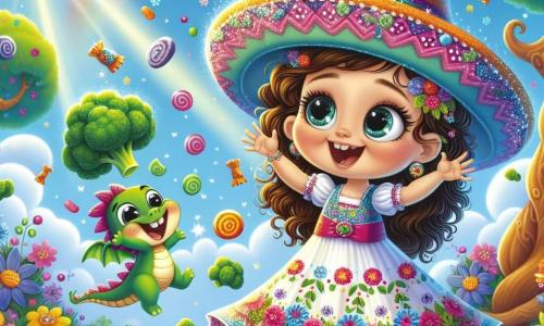 Una niña de 2 años, Lila, con grandes ojos brillantes y cabello rizado castaño, lleva un vestido colorido adornado con flores. Sonríe con asombro, sosteniendo un sombrero mágico brillante en sus pequeñas manos. A su lado, un pequeño dragón llamado Pipo, de aproximadamente 30 centímetros de altura, con escamas verdes y ojos traviesos, flota alegremente en el aire, riendo y haciendo gestos divertidos. El escenario se desarrolla en un jardín encantado, lleno de flores brillantes, árboles con troncos retorcidos y nubes en forma de caramelos flotando en un cielo azul brillante. Rayos de sol iluminan la escena, creando una atmósfera alegre y mágica. La situación principal muestra a Lila y Pipo haciendo caer caramelos coloridos del cielo, pero en lugar de dulces, son brócolis voladores los que caen a su alrededor, provocando risas y sorpresa.