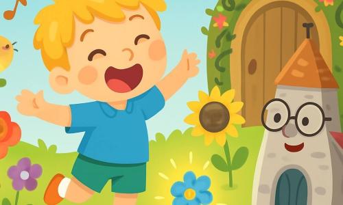 Een klein jongetje genaamd Finn, 6 jaar oud, met messy blond haar en sprankelende ogen, danst vrolijk in een prachtige bloementuin. Hij draagt een blauwe shirt en groene shorts, en zijn stralende glimlach toont zijn geluk. Naast hem kijkt een kleine grijze kerk, met een ronde buik en ronde brillen, teder toe. Ze zit op een steen en zingt met de vogels, haar stekels glinsteren in de zon. De tuin is gevuld met kleurrijke bloemen: rode rozen, gele zonnebloemen en delicate paarse viooltjes, die zachtjes dansen in de bries. Achterin leidt een grote houten poort, versierd met lianen en schitterende bloemen, naar een magische wereld. De hoofdscène toont Finn die enthousiast zingt voor een kleine blauwe bloem, die langzaam opengaat, verlicht door de magie van vriendschap en vriendelijkheid. De muziek van de vogels en het gelach vullen de lucht, wat een vrolijke en betoverende sfeer creëert.