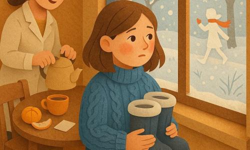 Daria, 12 ani, privind pe fereastră cu un aer visător și ușor neliniștit, obraji roșii, păr brun până la umeri, pulover albastru gros, ținând cizme de iarnă; o femeie adultă (mama, ~35–40 ani), zâmbitoare și liniștitoare, părul prins, palton crem pe spătarul unui scaun, pregătind o ceașcă de ceai pe masa din stânga Darei; o prietenă (Mara, ~12 ani) sugerată ca o siluetă luminoasă pe trotuarul înzăpezit afară, eșarfă roșie fluturând, ridicând mâna în semn de invitație; interior: apartament cald cu geam înghețat, calorifer aburind, masă de lemn cu o portocală curățată și un bilețel, podea cu urme de pași; exterior vizibil prin geam: curte înzăpezită, copaci goi acoperiți de zăpadă, fulgi mari care cad în vârtej; situație principală: Daria ezită să iasă, moment tandru — contrast între căldura interioară și albul rece de afară, tonuri pastel, forme clare și texturi stratificate ca hârtia.