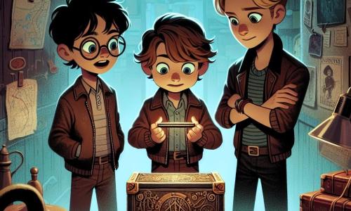 In una sala buia e polverosa di un vecchio museo, tre ragazzi di dieci anni si trovano insieme. Luca, un ragazzo con i capelli castani arruffati e gli occhi scintillanti, guarda con curiosità un cofanetto di legno ornato di simboli strani. Alla sua destra, Marco, un ragazzo biondo con gli occhiali, mostra un'espressione scettica, braccia incrociate, mentre osserva il cofanetto. A sinistra, Tommaso, un ragazzo con i capelli castani e un sorriso malizioso, si prepara a suonare un'armonica d'argento, il viso illuminato dall'eccitazione. Il museo è pieno di oggetti antichi: strumenti musicali polverosi, fotografie ingiallite e una grande mappa di Villaggio Verde appesa al muro. La luce dei neon lampeggia, proiettando ombre inquietanti sui muri, mentre una leggera nebbia sembra fluttuare nell'aria, aggiungendo un'atmosfera misteriosa. Al centro della scena, Tommaso suona l'armonica, e una melodia dolce ma inquietante si alza, risvegliando una silhouette fantomatica che appare nell'ombra, i suoi occhi vuoti scrutando i bambini con un'intensità inquietante. I ragazzi, fermi tra paura e meraviglia, si preparano ad affrontare l'inaspettato.