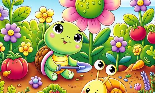 Una pequeña tortuga verde llamada Lila, con un caparazón brillante y ojos chispeantes de alegría, está sentada debajo de una gran flor rosa. Sonríe con entusiasmo, sosteniendo una pequeña pala en sus patas. A su lado, un caracol amarillo llamado Paco, con antenas moviéndose y una expresión amistosa, se arrastra lentamente sosteniendo una hoja de lechuga. El jardín está lleno de plantas exuberantes, con tomates rojos y zanahorias naranjas creciendo en la tierra marrón. El cielo es azul y soleado, y flores coloridas bailan suavemente al viento. Lila y Paco trabajan juntos en el jardín, regando las plantas con agua fresca, rodeados de un ambiente alegre y veraniego.