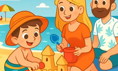 Un ragazzo di 6 anni, di nome Luca, con capelli castani e occhi brillanti di gioia, sta costruendo un grande castello di sabbia sulla spiaggia. Indossa un costume da bagno colorato a righe e un cappello da sole. Accanto a lui, sua mamma, una donna di una trentina d'anni con capelli lunghi e biondi, sorride tenendo un secchiello e una paletta, pronta ad aiutarlo. Un po' più in là, suo papà, un uomo di una trentina d'anni con una leggera barba e una maglietta a fantasia, osserva con orgoglio, seduto su un asciugamano da spiaggia. Il luogo è una bella spiaggia soleggiata, con onde dolci che si infrangono sulla riva, ombrelloni colorati e bambini che giocano in lontananza. La scena principale mostra Luca concentrato e felice, che scava con entusiasmo per creare il più bel castello di sabbia, circondato da risate e dall'odore salato del mare.