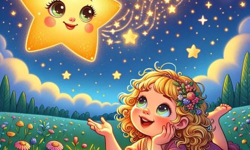 Uma menina de 2 anos, chamada Lila, com cabelos cacheados e dourados, grandes olhos brilhantes de curiosidade, está deitada na grama verde, olhando para o céu estrelado. Ela sorri maravilhada, com os braços abertos como se quisesse tocar as estrelas. Ao seu lado, uma estrela brilhante ganha vida, com um rosto amigável e olhos cintilantes, flutuando acima de Lila e iluminando seu rosto com uma suave luz dourada. O cenário é um campo tranquilo sob um céu noturno repleto de estrelas, com flores coloridas ao redor, criando uma atmosfera mágica e sonhadora. Lila conversa com a estrela, expressando seu sonho de voar, enquanto a estrela responde com bondade, ensinando que dançar e sonhar também são formas de se elevar.