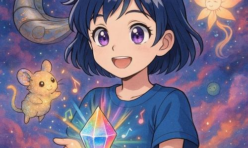 Lyra, a round‑faced girl of about 12 with short midnight blue hair streaked silver and large amethyst eyes, smiles in wonder as she delicately holds the Celestial Prism pulsing rainbow light; Pip, a fist‑sized star‑mouse with sparkling fur, floats by her left shoulder wagging a tiny glowing tail. Behind them the Dreamweaver ship, crescent‑hulled and pearly with golden runes, rests in the nebula; the distant Star‑Flower Queen appears as a floating floral silhouette with luminous petals and comet‑like hair. The nebula heart forms a backdrop of swirling pink, blue and gold clouds, silver filament constellations, small smiling planets and confetti‑like stardust. Lyra stands on a translucent ship platform, reaching toward the prism that emits colorful beams and visible musical notes. Magical, warm manga style with clean lines, bright colors, soft contrasts and highly readable, child‑friendly expressions.