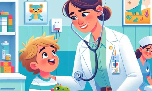 Doktor Ola, uśmiechnięta i życzliwa lekarka, nosi białą fartuch i stetoskop na szyi. Jej brązowe włosy są związane w kucyk, a oczy błyszczą życzliwością, gdy słucha serca małego chłopca. Kuba, pięcioletni chłopiec z rozczochranymi blond włosami i szerokim uśmiechem, siedzi na stole do badania, trzymając w rękach zabawkowego dinozaura. Obok nich młoda pielęgniarka, Ania, około 25 lat, z kasztanowymi włosami i kolorowym fartuchu, uśmiecha się, trzymając rolkę bandaży, gotowa do pomocy. Scena rozgrywa się w jasnym i przyjaznym gabinecie, z niebieskimi ścianami, plakatami rysunków zwierząt i zabawkami porozrzucanymi na półce. Doktor Ola uważnie słucha serca Kuby, który radośnie się śmieje, podczas gdy Ania przygotowuje się, aby dać mu mały plasterek dla pocieszenia.