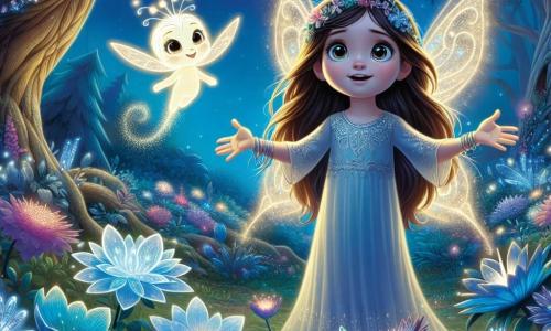 Una bambina di 8 anni, Sofia, con lunghi capelli castani e occhi pieni di curiosità, si trova al centro di un giardino incantato illuminato dalla luna. Ha un sorriso meravigliato sul viso, le braccia aperte come se stesse accogliendo il mondo intorno a lei. Accanto a lei, un piccolo essere luminoso di nome Luce, che assomiglia a una fata con ali scintillanti, vola gioiosamente nell'aria, emettendo una dolce luce dorata. Luce ha un volto amichevole e occhi brillanti, e sembra incoraggiare Sofia a esplorare di più. Il giardino è pieno di fiori colorati che sbocciano solo di notte, con sfumature di blu, viola e argento, mentre le stelle brillano come diamanti nel cielo scuro. Alberi maestosi con foglie luminescenti circondano il giardino, creando un'atmosfera magica e accogliente. La scena principale mostra Sofia, meravigliata e senza paura, che scopre questo mondo fatato con Luce, mentre si preparano a esplorare insieme le meraviglie nascoste del giardino notturno.