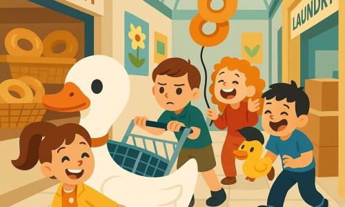 Main character: a joyful, proud 6-year-old girl with brown hair in a ponytail, round smiling eyes, wearing a yellow jacket and polka-dot dress, holding an orange ribbon and gently pulling a large white inflatable duck. Secondary: a serious, cautious 6-year-old boy (Ben) with short chestnut hair and a green shirt, holding the metal cart behind the duck to stop it from rolling; a lively, excited 6-year-old girl (Tara) with curly red hair and a red sweatshirt, laughing while holding a bagel-shaped balloon next to Ben; a mischievous, laughing 6-year-old boy (Jo) with short black hair and a blue shirt, leaning by the cart and holding a small yellow squeaky toy that squeaks like a duck. Setting: a busy covered arcade with a glass roof, light tiles, a bakery window with visible bagel baskets on the left, colorful posters on the walls and a stack of boxes by a laundromat on the right. Main scene: the four children struggling with a tipped metal cart carrying a huge orange-and-white inflatable duck, a bagel balloon floating above, and the squeaky toy stuck making a duck noise—an image full of motion, laughter and bright colors.