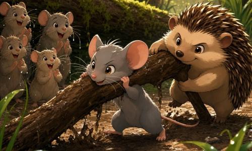 A small mouse named Miro, smiling yet focused, with soft grey fur, translucent pink ears and bright hazel eyes, strains to push a muddy log while Bramble the hedgehog—plump, round, with well-defined brown-and-cream quills—braces under the log on the right; a relieved, soaked family of field mice with ruffled fur and dripping whiskers applauds on the left. Muddy forest trail after a rain, dark wet leaves, reflective puddles, a moss-covered fallen trunk and dewy grasses; warm late-afternoon light with golden rays filtering through trees, strong contrasts and colorful cel-shaded shadows. Low-angle close-up composition, dynamic mud splashes, clear warm expressions of teamwork and courage.