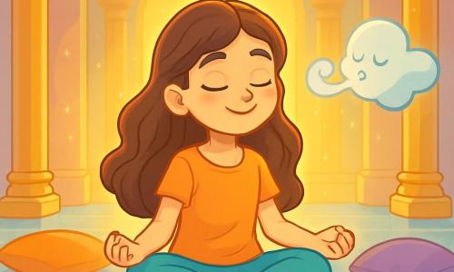 A 12-year-old girl, Mira, with long wavy brown hair, is sitting cross-legged on a plush cushion, her face radiating serenity and curiosity. Her eyes sparkle with wonder as she takes a deep breath, surrounded by a soft golden light. Next to her, a small floating cloud of light representing the wind has a gentle, ethereal shape, encouraging her to relax. The setting is a beautiful hall of light, with shimmering pastel-colored walls, golden pillars, and a smooth glass floor that reflects the light. Colorful cushions are scattered around her, creating a welcoming and peaceful atmosphere. Mira is preparing to enter a state of deep relaxation, ready to let her thoughts drift away like feathers, while a gentle melody of light envelops her, creating a moment of calm and well-being.